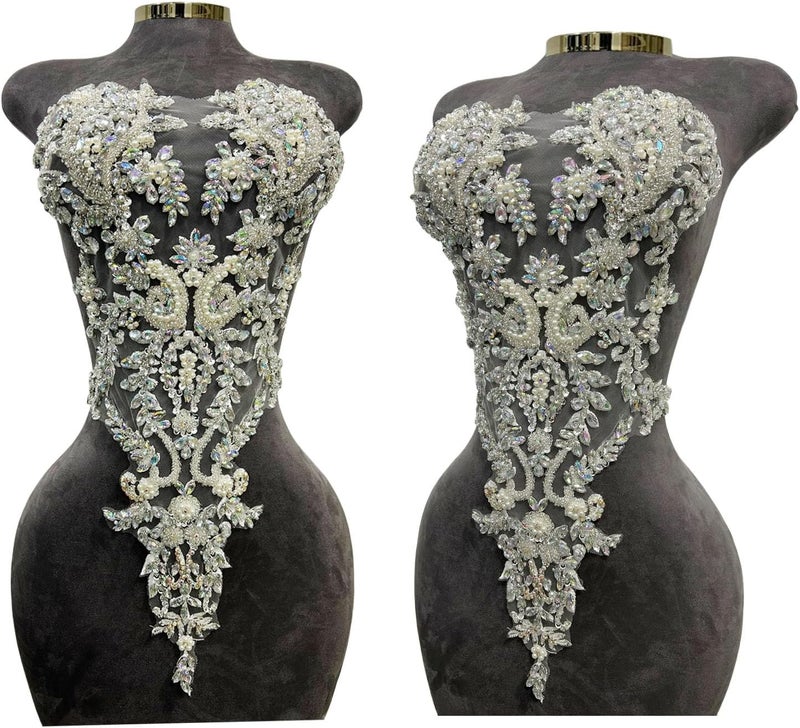 ArtistryXB Handmade Rhinestones Lace Bodice Applique Sew on Beads Sequins Trimming Patches for Dress Clothing Accessories 1Pcs/Bag (Clear AB) - Image 1